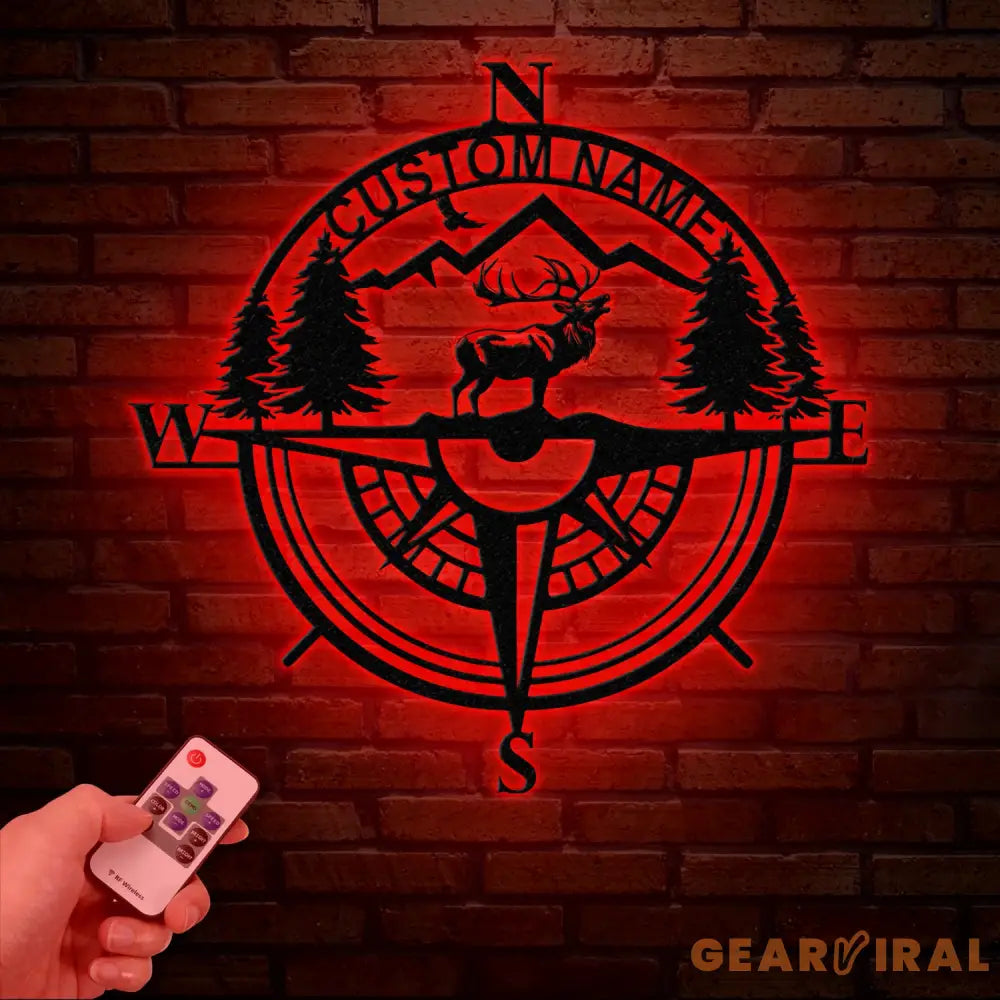 Custom Metal Elk Compass Cabin Sign with LED Light Personalized Last Name Sign Deer Hunter Gift Lodge & Cabin Outdoor