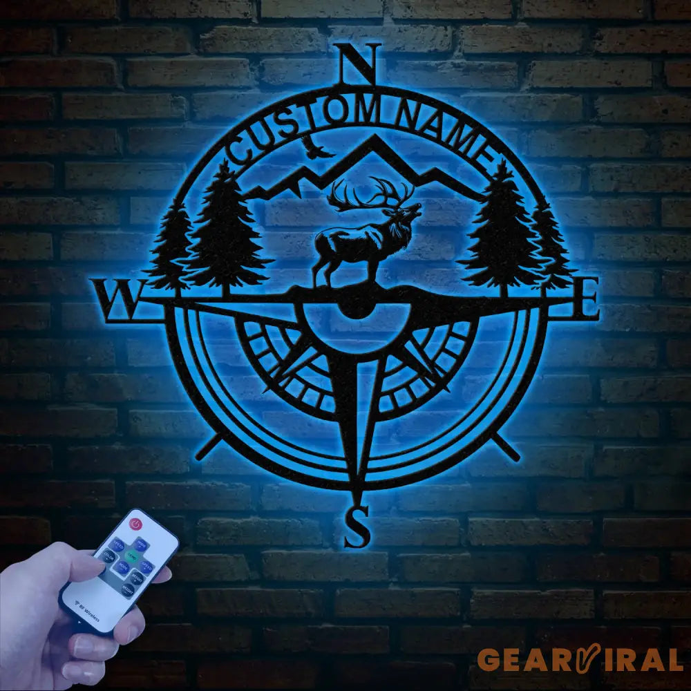 Custom Metal Elk Compass Cabin Sign with LED Light Personalized Last Name Sign Deer Hunter Gift Lodge & Cabin Outdoor