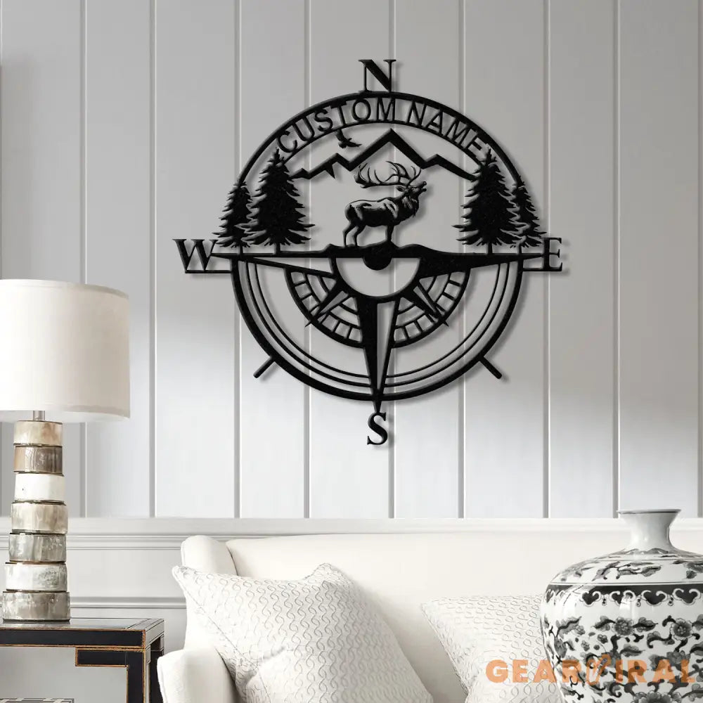 Custom Metal Elk Compass Cabin Sign with LED Light Personalized Last Name Sign Deer Hunter Gift Lodge & Cabin Outdoor