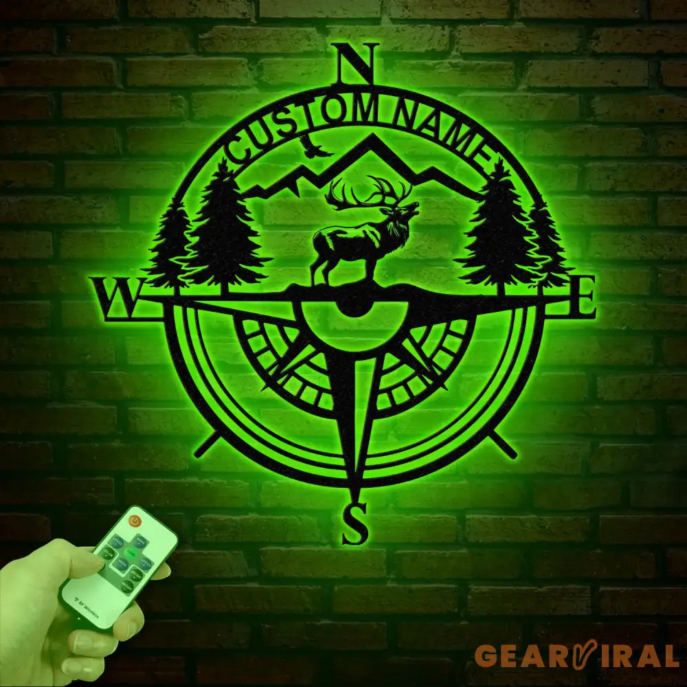 Custom Metal Elk Compass Cabin Sign with LED Light Personalized Last Name Sign Deer Hunter Gift Lodge & Cabin Outdoor