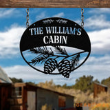 Custom Metal Hanging Pinecone Cabin Sign Custom Family Name Sign Last Name Sign Outdoor Cabin Entry Welcome Sign
