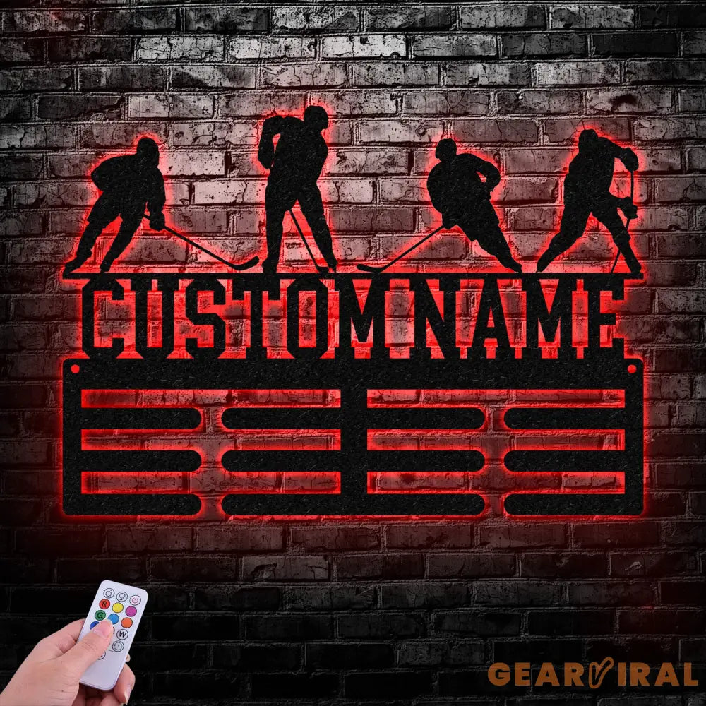 Custom Metal Hockey Medal Hanger Wall Art Led Light Hockey Player Medal Holder 12 Rungs for Medals & Ribbons Medal