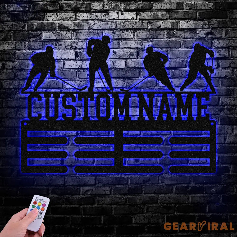 Custom Metal Hockey Medal Hanger Wall Art Led Light Hockey Player Medal Holder 12 Rungs for Medals & Ribbons Medal