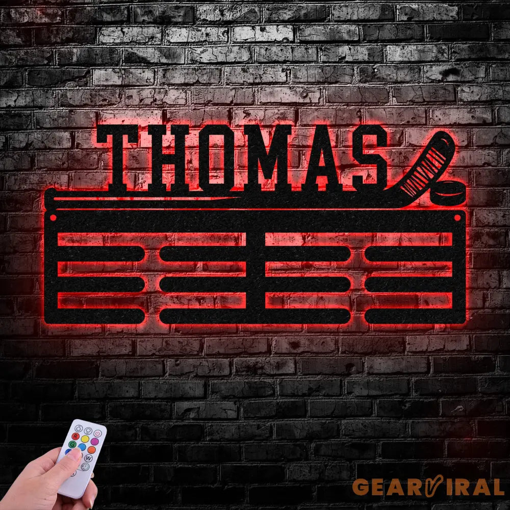 Custom Metal Hockey Medal Hanger Wall Art Led Light Hockey Player Medal Holder 12 Rungs for Medals & Ribbons Medal