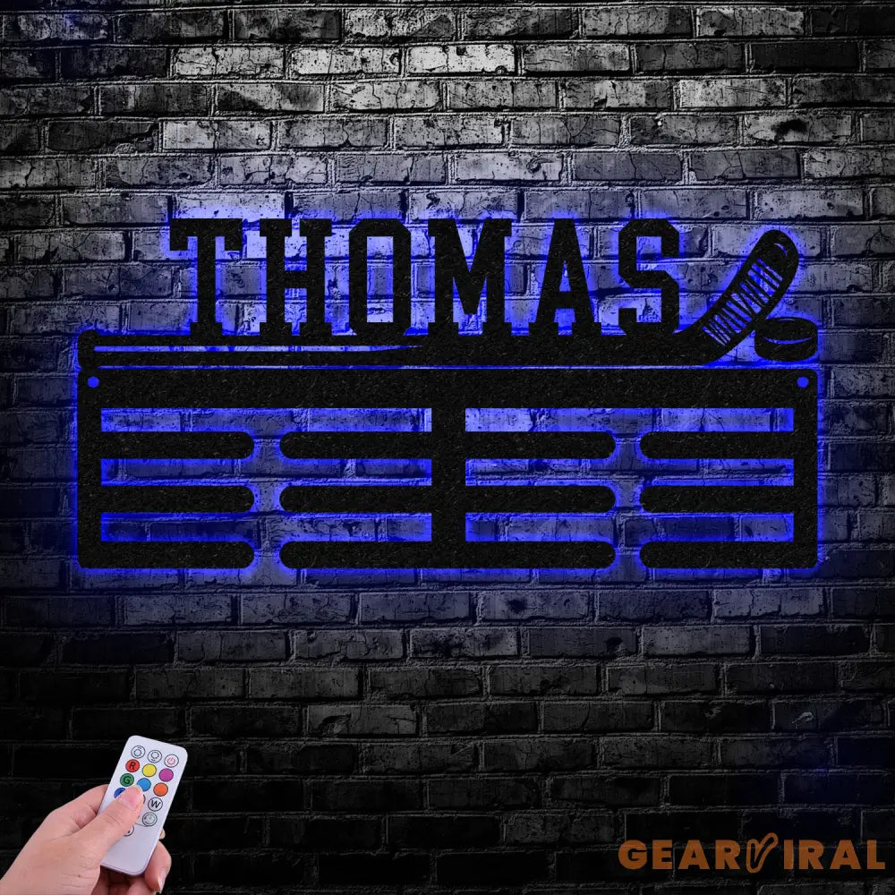 Custom Metal Hockey Medal Hanger Wall Art Led Light Hockey Player Medal Holder 12 Rungs for Medals & Ribbons Medal