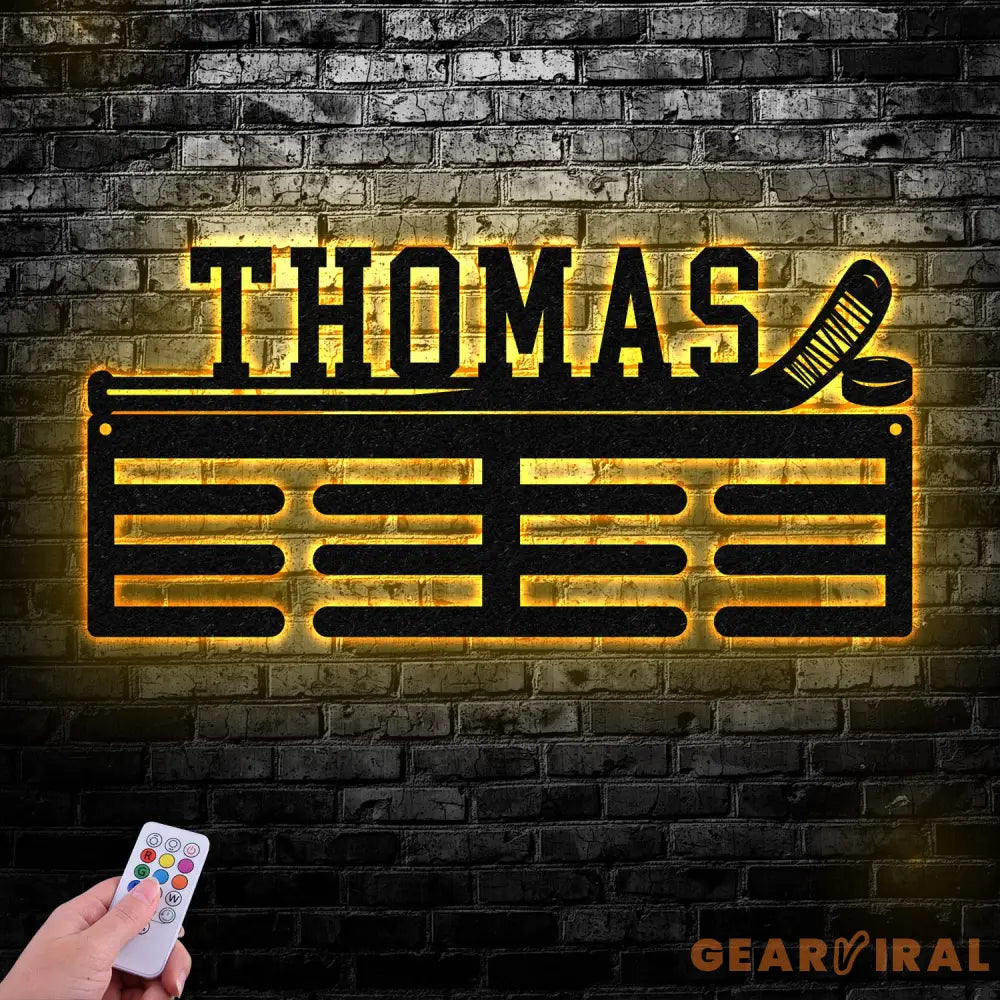 Custom Metal Hockey Medal Hanger Wall Art Led Light Hockey Player Medal Holder 12 Rungs for Medals & Ribbons Medal