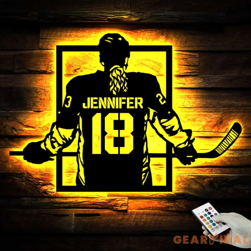 Custom Metal Hockey Sign With LED - Personalized Name & Number Wall Art LED Light - Hockey Gifts For Boys Bedroom
