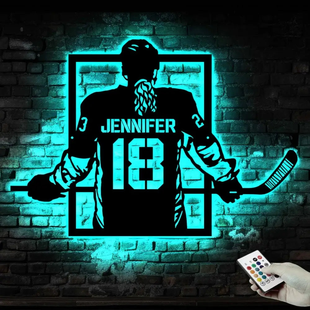 Custom Metal Hockey Sign With LED - Personalized Name & Number Wall Art LED Light - Hockey Gifts For Boys Bedroom