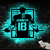 Custom Metal Hockey Sign With LED - Personalized Name & Number Wall Art LED Light - Hockey Gifts For Boys Bedroom