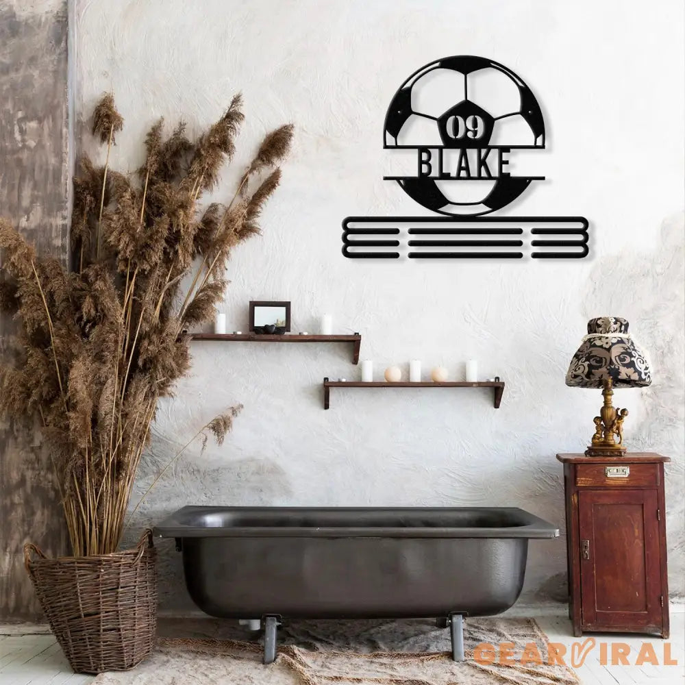 Custom Metal Soccer Medal Hanger Wall Art Led Light Soccer Player Medal Holder 12 Rungs for Medals & Ribbons Medal