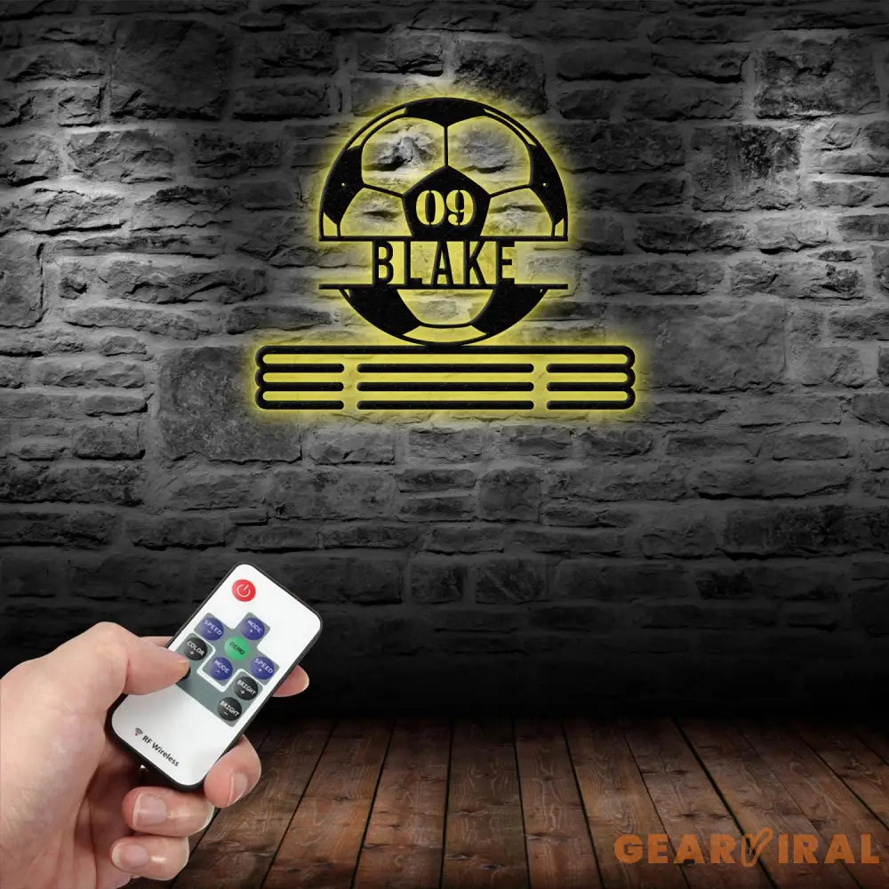 Custom Metal Soccer Medal Hanger Wall Art Led Light Soccer Player Medal Holder 12 Rungs for Medals & Ribbons Medal