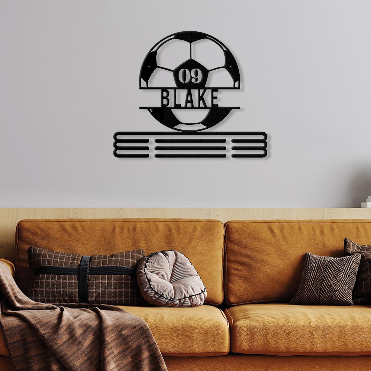 Custom Metal Soccer Medal Hanger Wall Art Led Light, Soccer Player Medal Holder, 12 Rungs for Medals & Ribbons, Medal Display Awards Sign