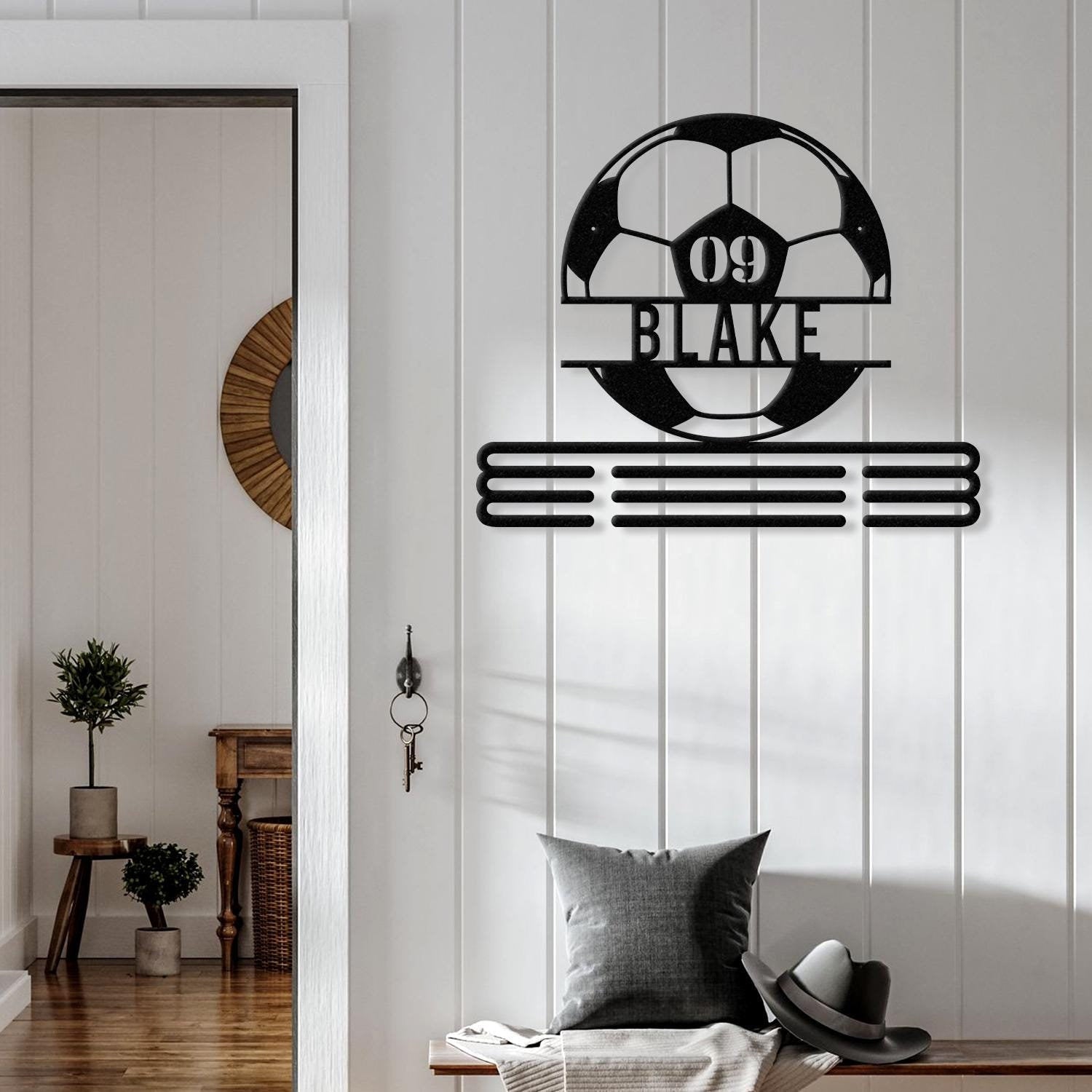 Custom Metal Soccer Medal Hanger Wall Art Led Light, Soccer Player Medal Holder, 12 Rungs for Medals & Ribbons, Medal Display Awards Sign