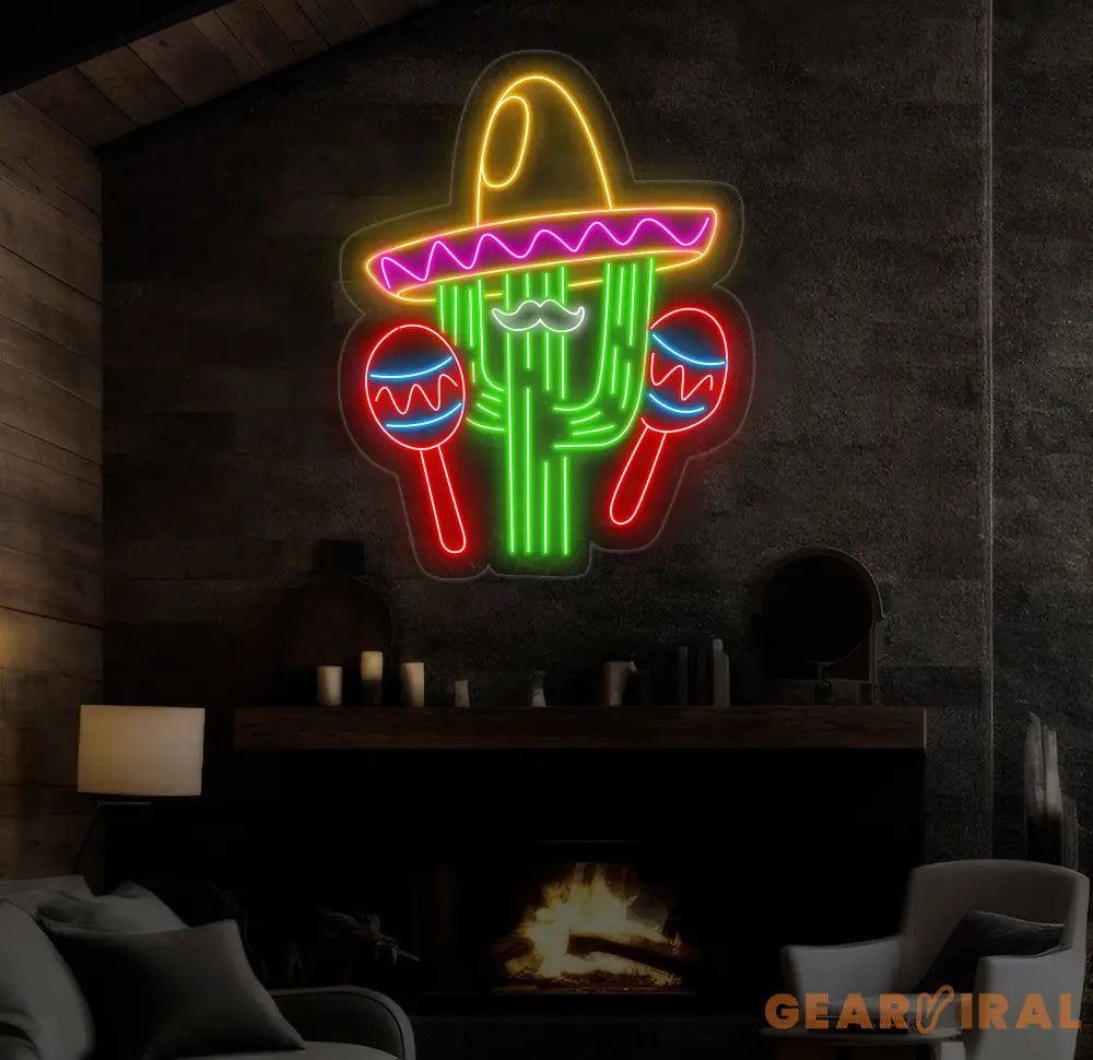 Custom Mexican Cactus Sombrero Neon Light - Fiesta Holiday LED Sign Mexican Festival Decor Cactus with Maraca Neon Sign
