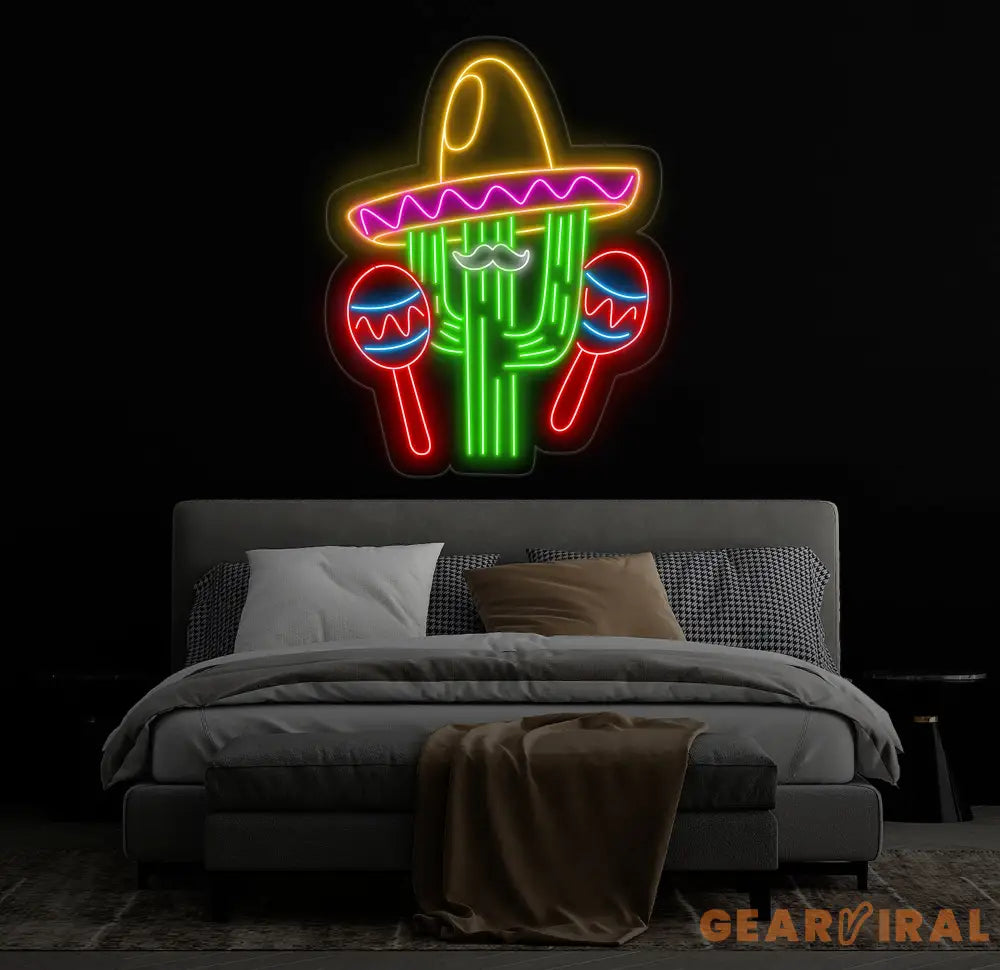 Custom Mexican Cactus Sombrero Neon Light - Fiesta Holiday LED Sign Mexican Festival Decor Cactus with Maraca Neon Sign