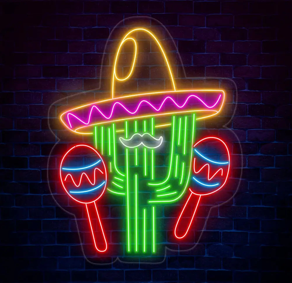Custom Mexican Cactus Sombrero Neon Light - Fiesta Holiday LED Sign Mexican Festival Decor Cactus with Maraca Neon Sign