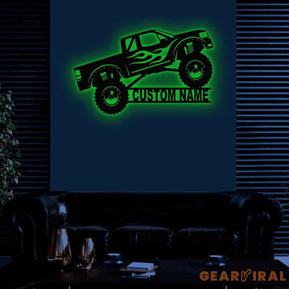 Custom Monster Truck Driver Metal Sign with Led Light Personalized Fire Flame Off Road Vehicle Name Sign Kids Nursery