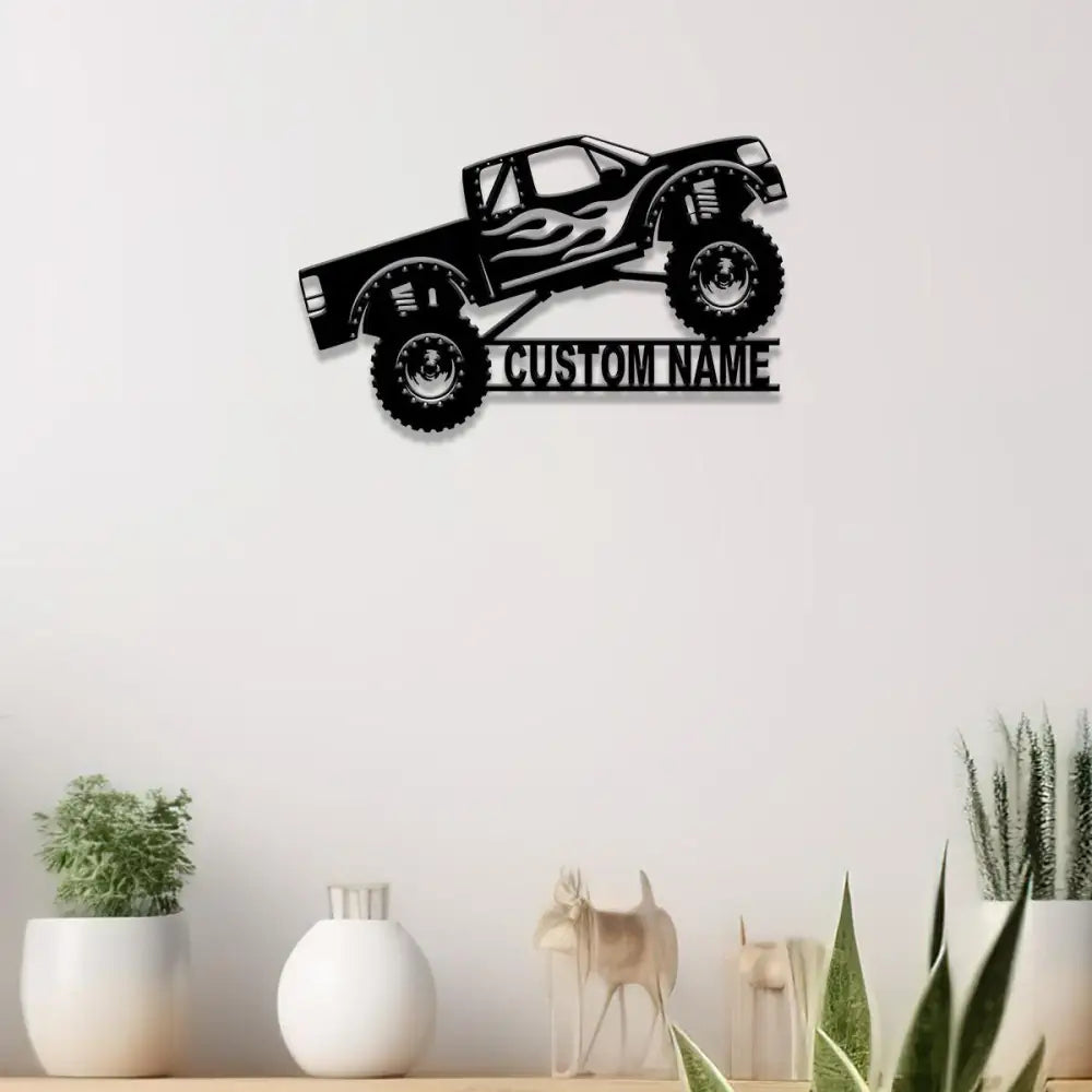 Custom Monster Truck Driver Metal Sign with Led Light Personalized Fire Flame Off Road Vehicle Name Sign Kids Nursery