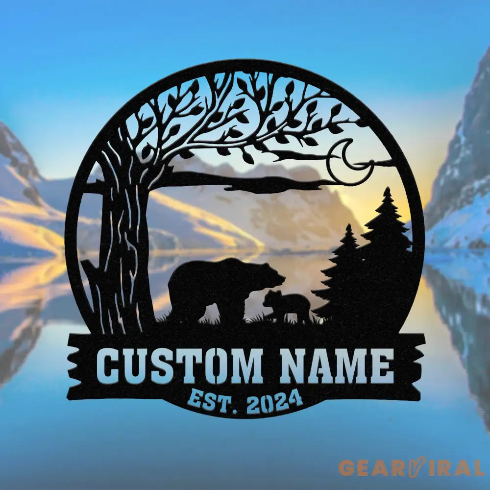 Custom Mountain Bear Tree Scene Sign Personalized Bear Cabin Metal Sign Family Name Sign Outdoor Name Sign Last Name