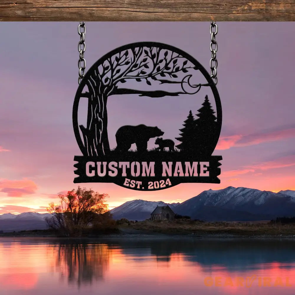 Custom Mountain Bear Tree Scene Sign Personalized Bear Cabin Metal Sign Family Name Sign Outdoor Name Sign Last Name
