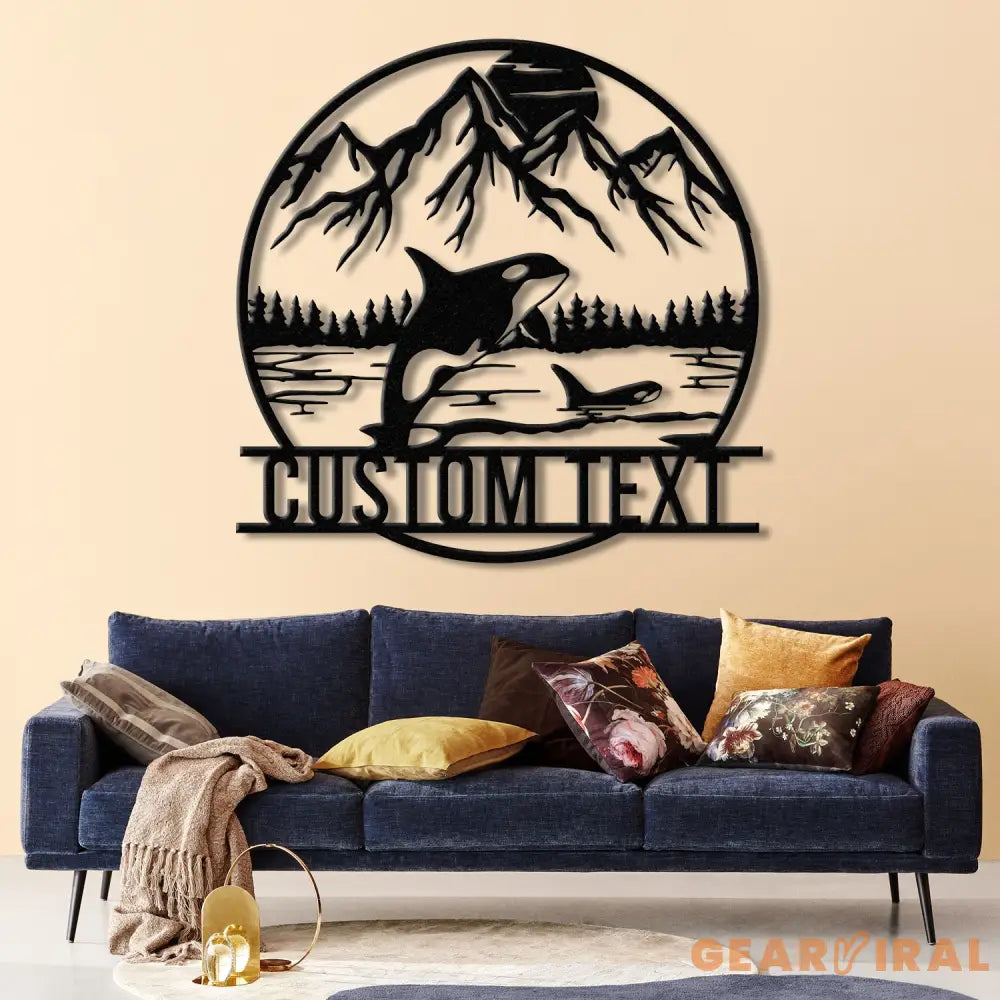 Custom Mountain Orca Metal Sign with LED Lights - Personalized Whale Wall Art - Ocean Wildlife Decor - Rustic Cabin &
