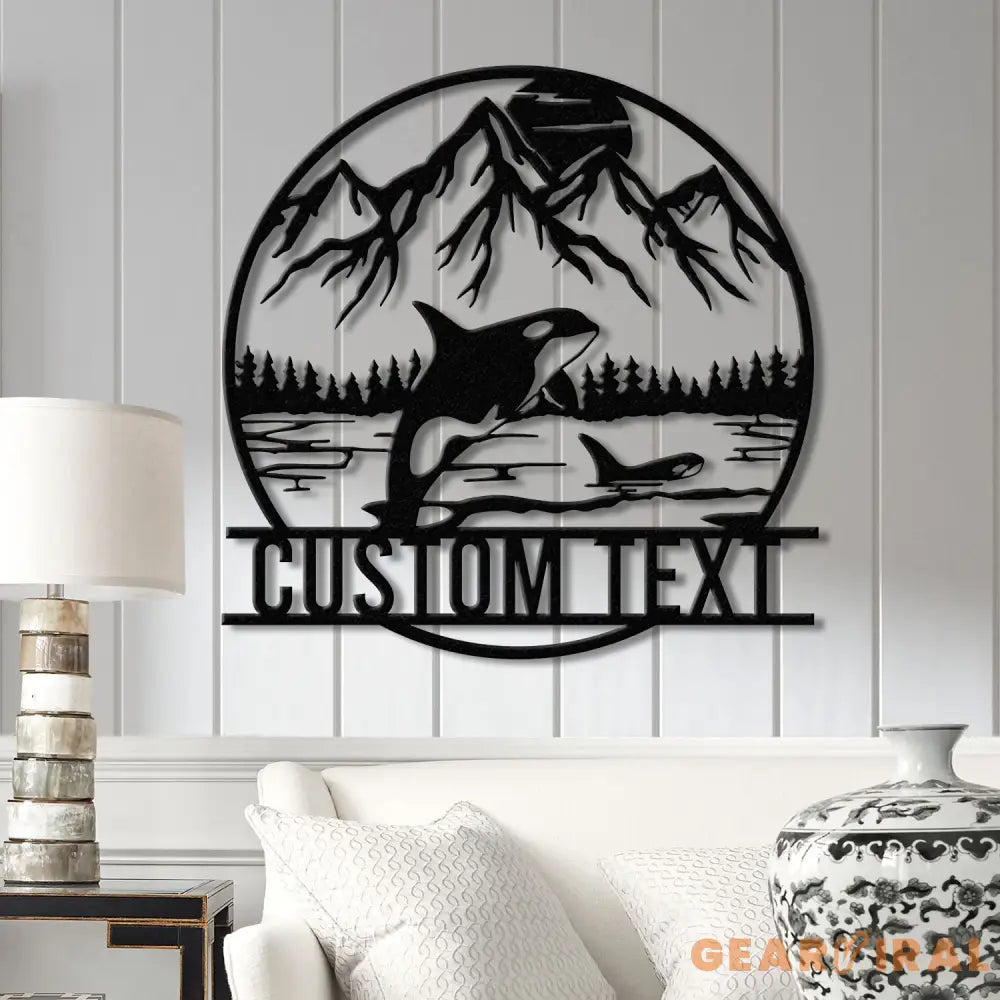 Custom Mountain Orca Metal Sign with LED Lights - Personalized Whale Wall Art - Ocean Wildlife Decor - Rustic Cabin &