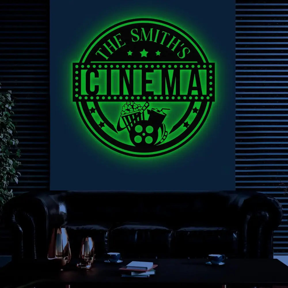 Custom Movie And Popcorn Metal Sign with LED Light Personalized Family Cinema Home Theater Name Sign Man Cave