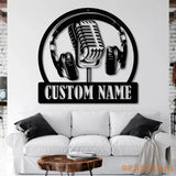 Custom Music Audio Studio Metal Wall Art LED Light - Music Gift - Personalized Microphone Headphones Name Sign - Home