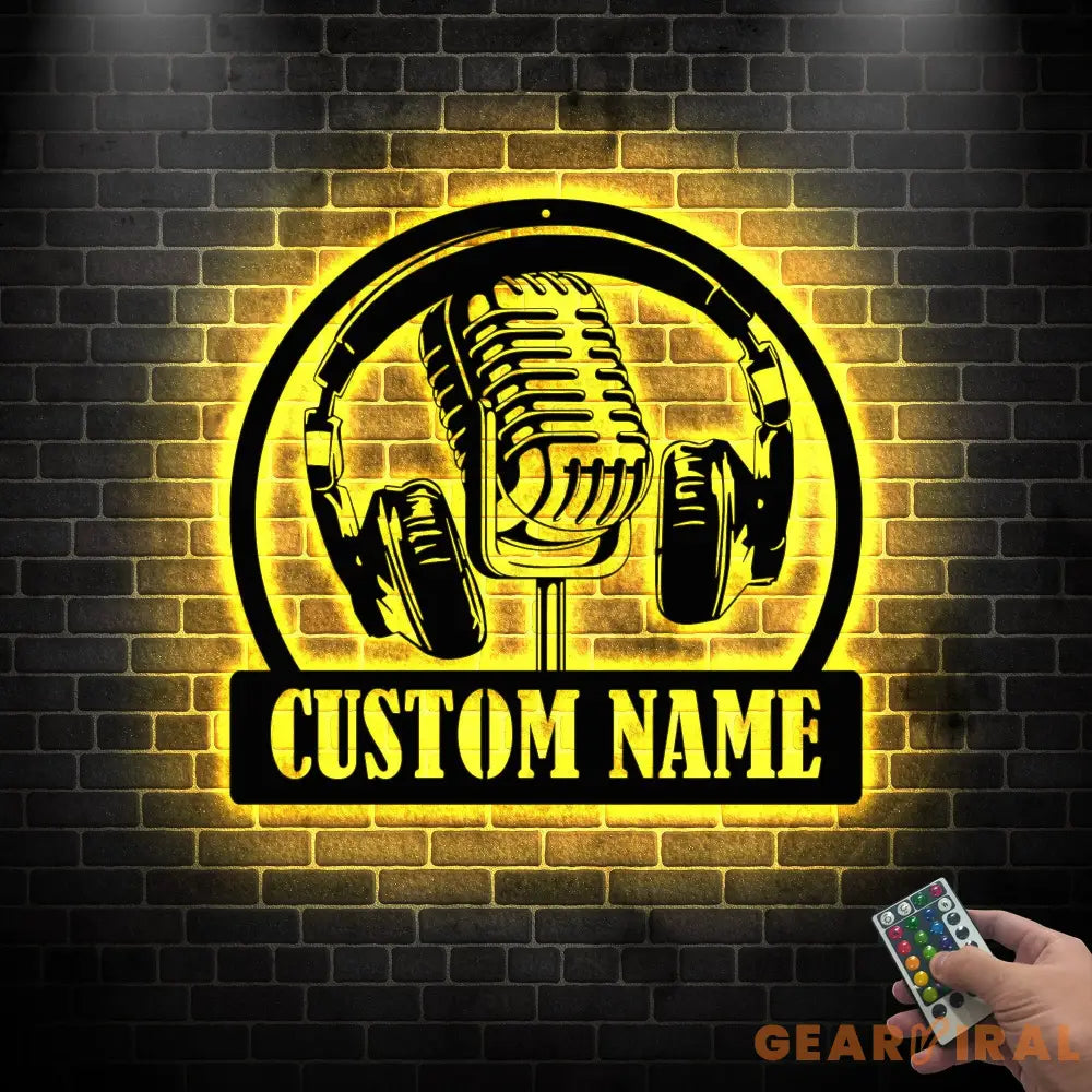 Custom Music Audio Studio Metal Wall Art LED Light - Music Gift - Personalized Microphone Headphones Name Sign - Home