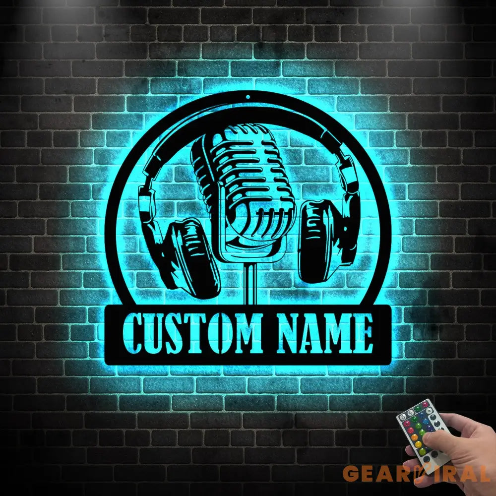 Custom Music Audio Studio Metal Wall Art LED Light - Music Gift - Personalized Microphone Headphones Name Sign - Home