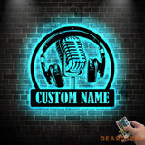 Custom Music Audio Studio Metal Wall Art LED Light - Music Gift - Personalized Microphone Headphones Name Sign - Home