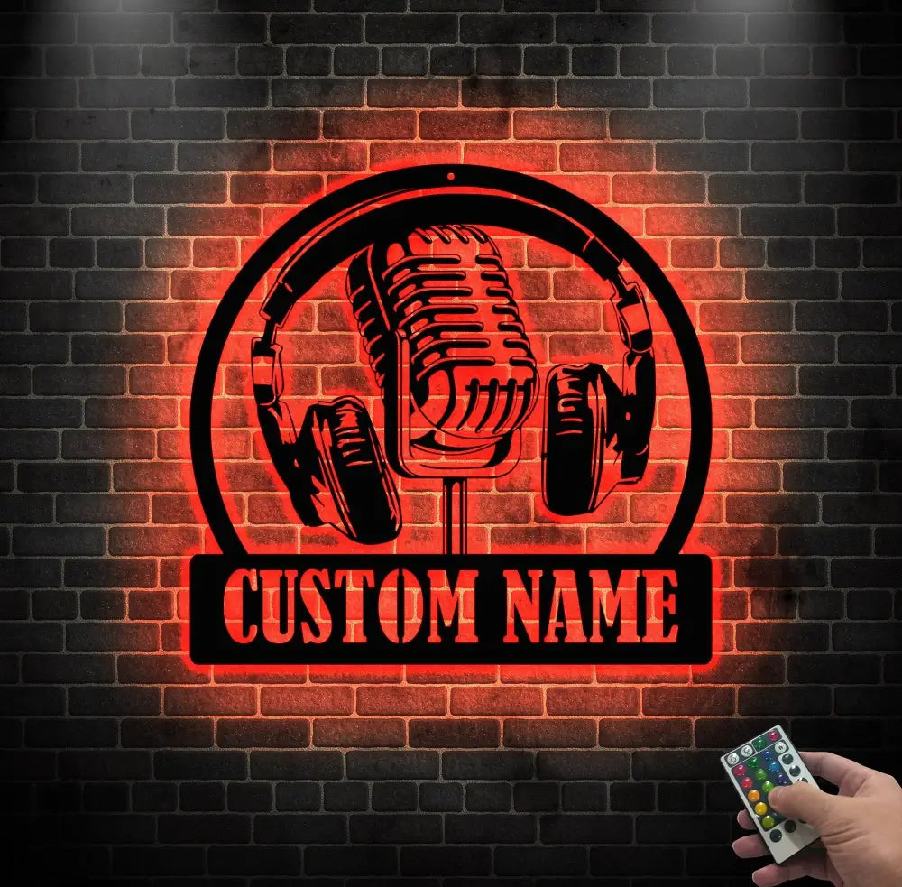 Custom Music Audio Studio Metal Wall Art LED Light - Music Gift - Personalized Microphone Headphones Name Sign - Home