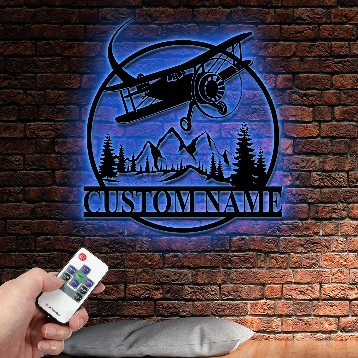 Custom Name Airplane Metal Wall Art with Led Lights| Personalized Pilot Name Sign, Aircraft Hangar Decor, Airforce Housewarming Gifts, Father's Day Gift