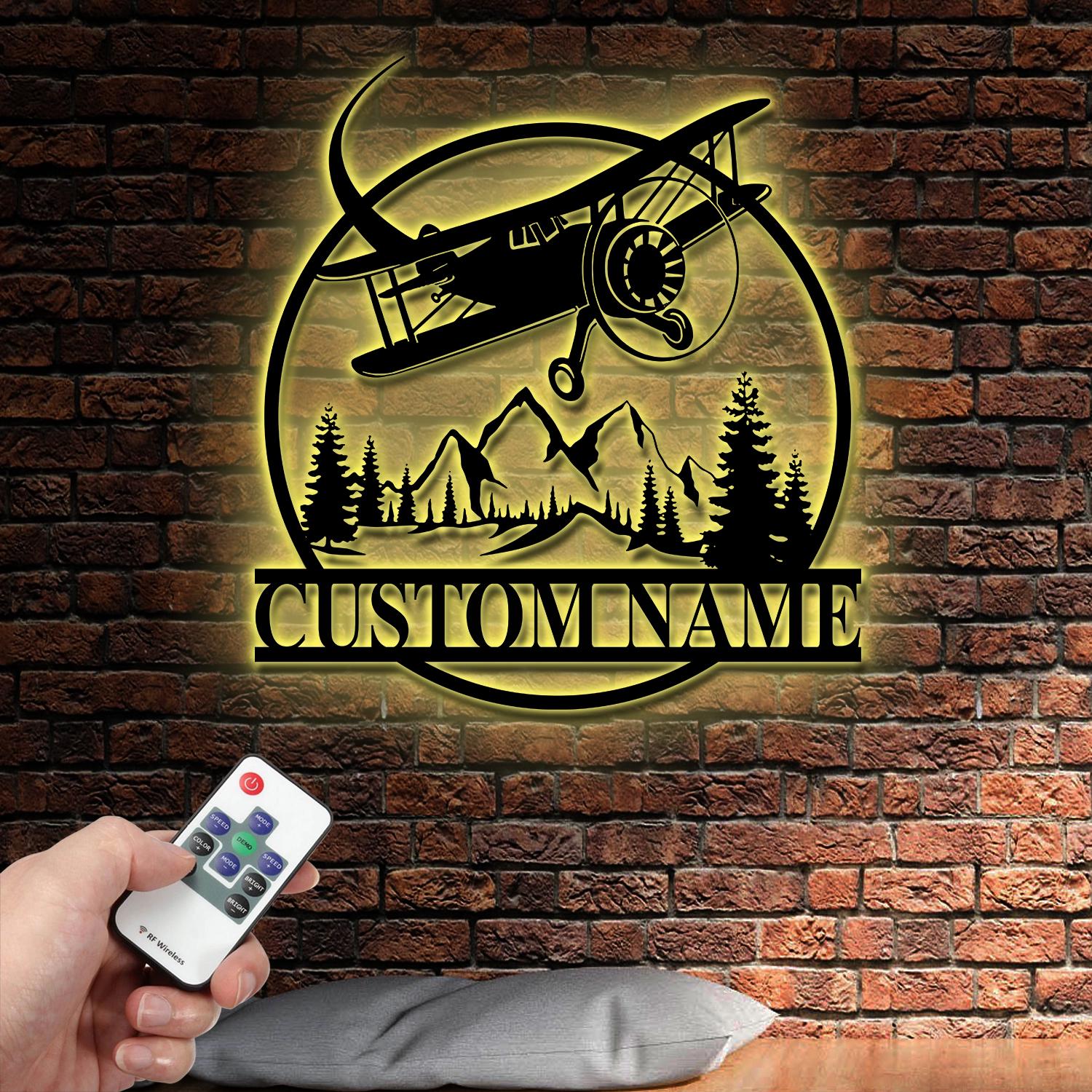 Custom Name Airplane Metal Wall Art with Led Lights| Personalized Pilot Name Sign, Aircraft Hangar Decor, Airforce Housewarming Gifts, Father's Day Gift