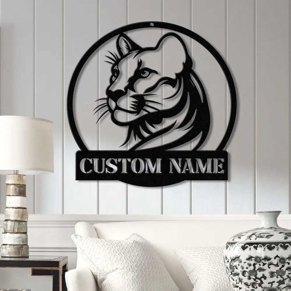 Custom Name Cougar Metal Sign - Personalized Wild Cat Decor for Home Garage Man Cave Outdoor Spaces Wildlife Lover Gift