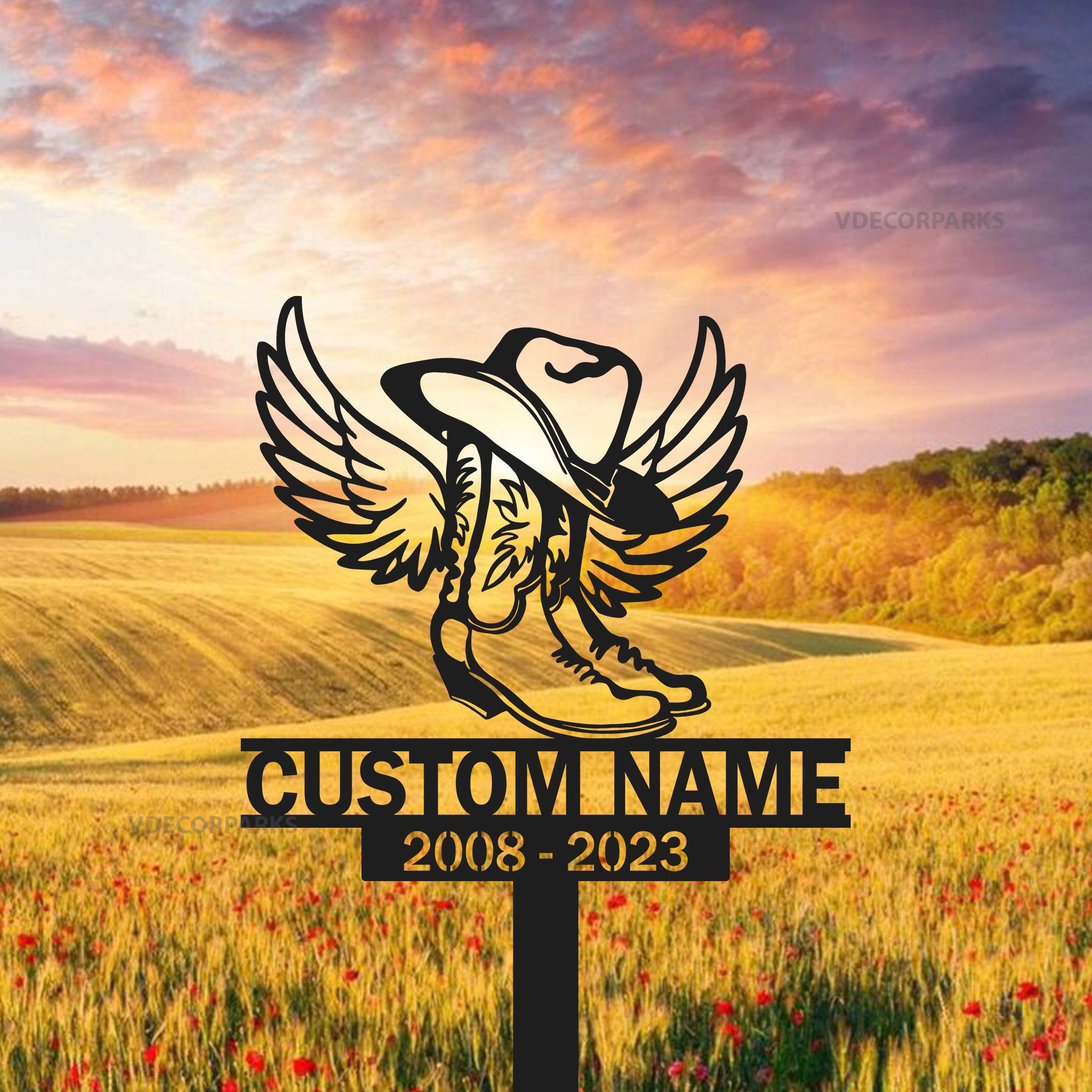 Custom Name Cowboy Memorial Stake - Cowboy Boot Hat With Wings - Cowboy Sympathy Gift - Memorial Plaque | GearViral