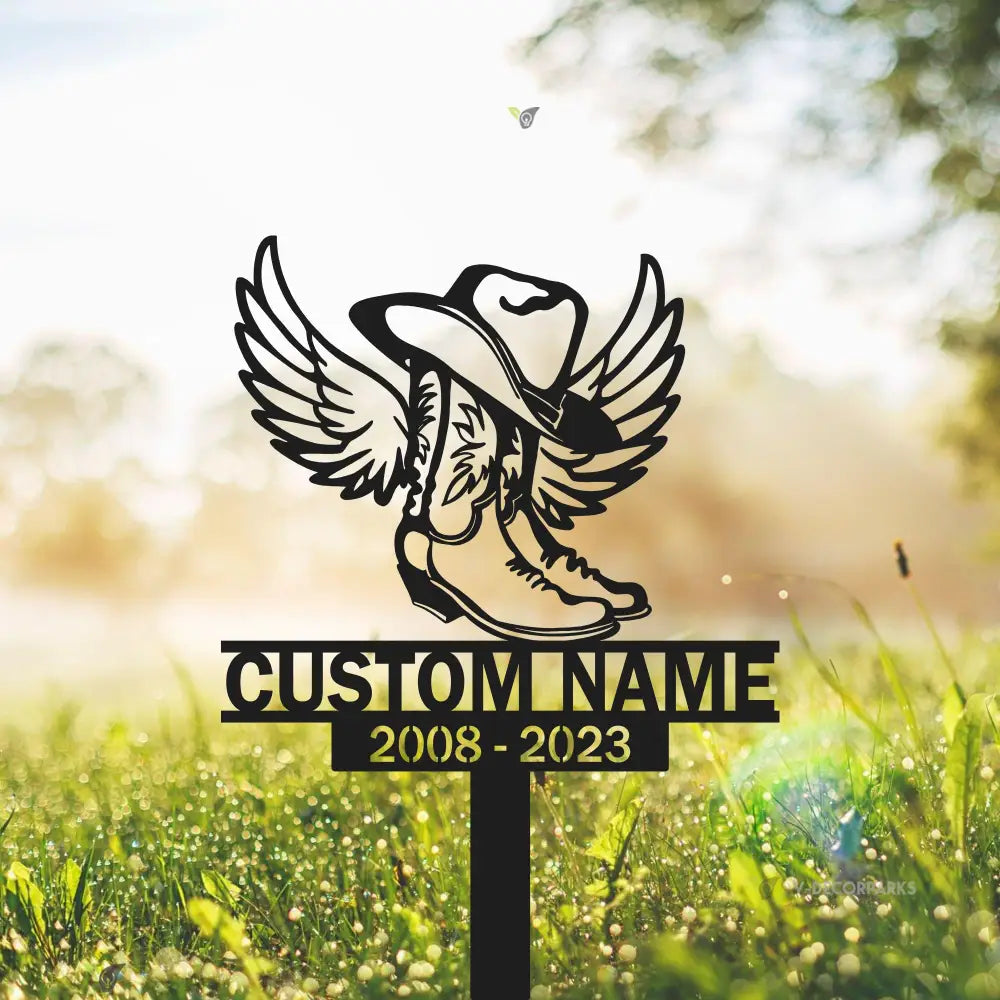 Custom Name Cowboy Memorial Stake - Cowboy Boot Hat With Wings - Cowboy Sympathy Gift - Memorial Plaque | GearViral