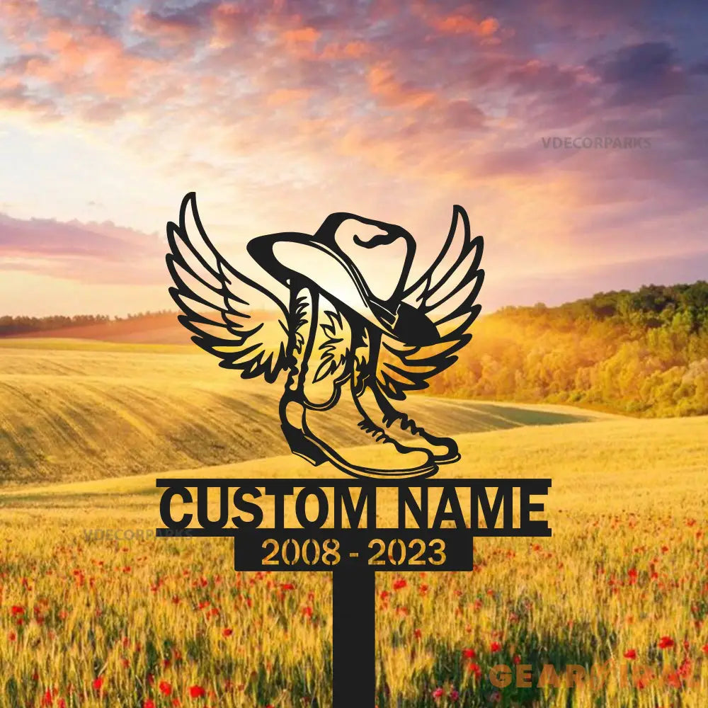 Custom Name Cowboy Memorial Stake - Cowboy Boot Hat With Wings - Cowboy Sympathy Gift - Memorial Plaque | GearViral