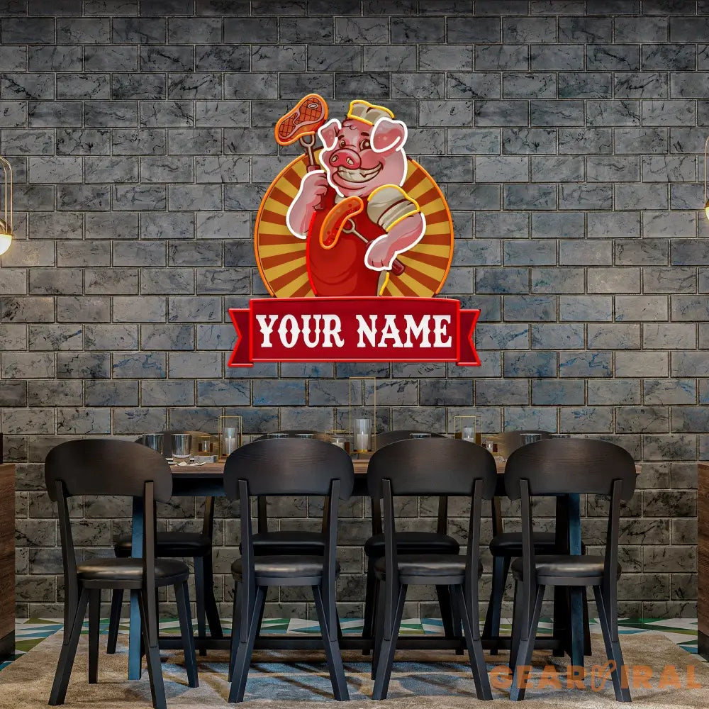 Custom Name Cute Chef Pig Holding Grill Artwork Led Neon Sign Light