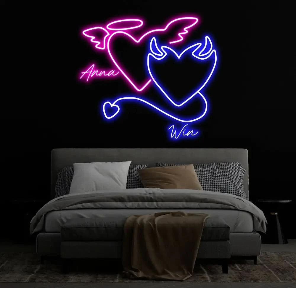 Custom Name Devil and Angel Heaven Or Hell Neon Sign Custom Party LED Neon Light Wall Shop Decor Bar Decoration Heart