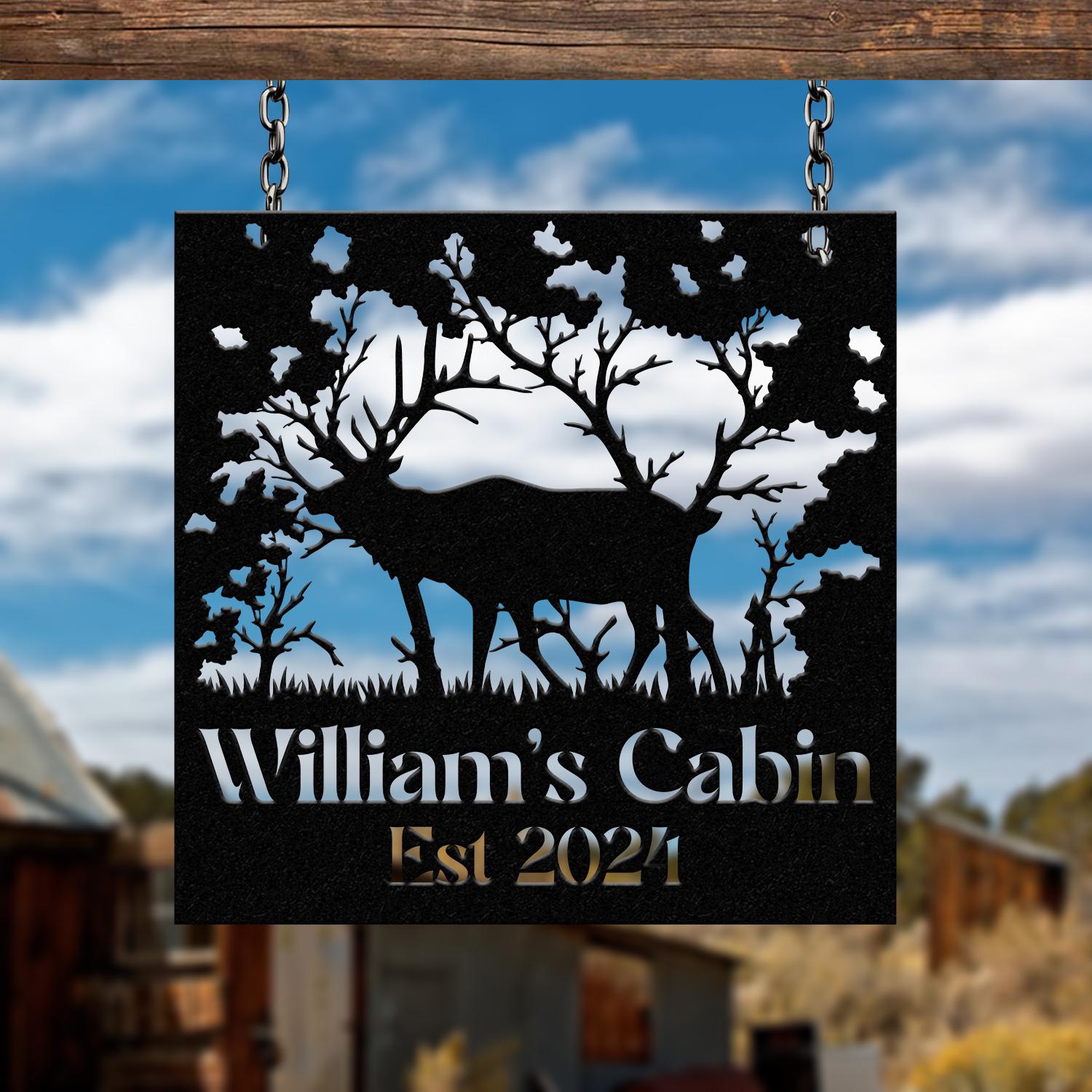Custom Name Elk Cabin Sign, Outdoor Metal Elk Sign with Mountain, Hunting Gift, Metal Nature Wall Art Mountains Trees Wildlife Lover Gift