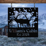 Custom Name Elk Cabin Sign, Outdoor Metal Elk Sign with Mountain, Hunting Gift, Metal Nature Wall Art Mountains Trees Wildlife Lover Gift