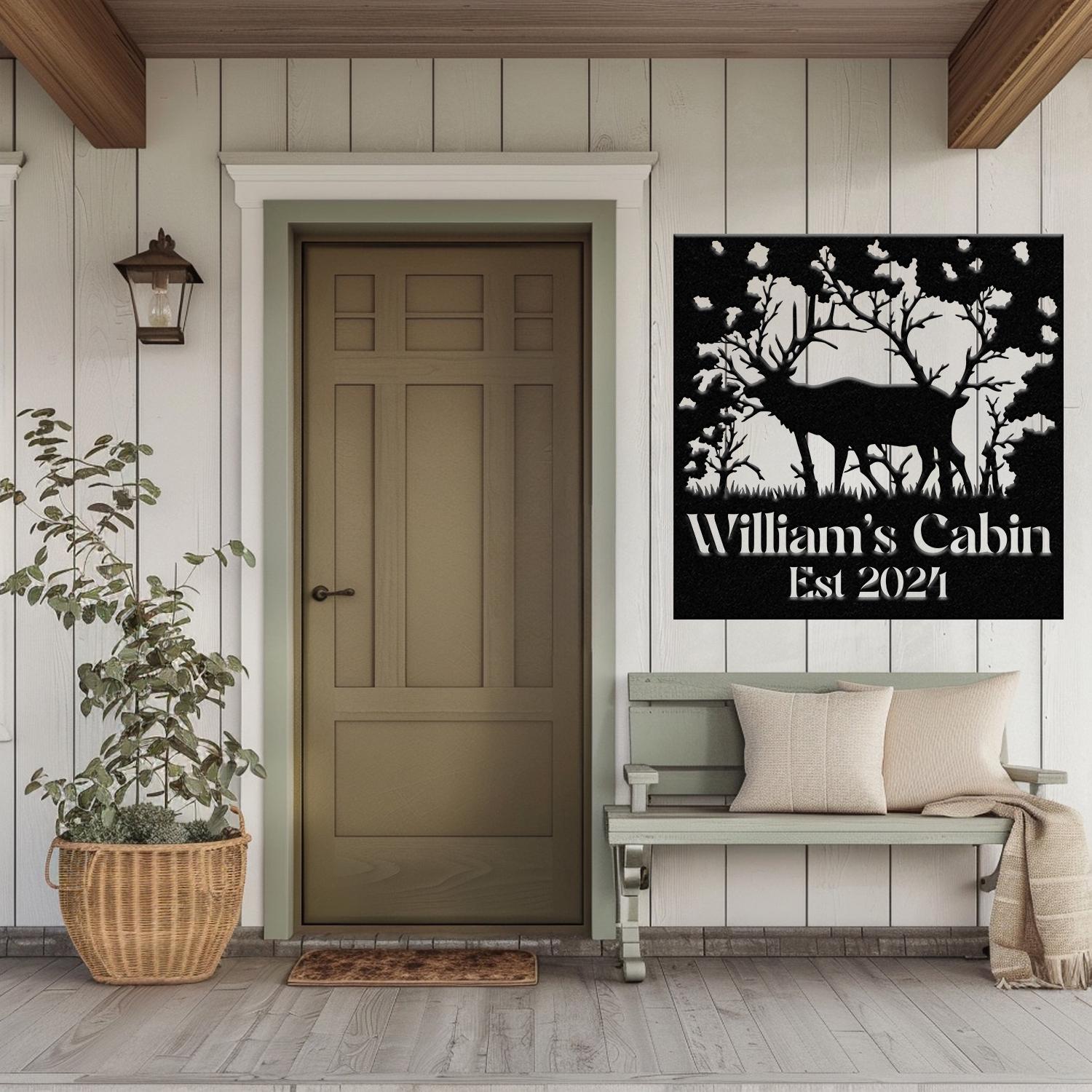 Custom Name Elk Cabin Sign, Outdoor Metal Elk Sign with Mountain, Hunting Gift, Metal Nature Wall Art Mountains Trees Wildlife Lover Gift