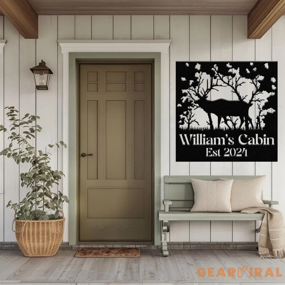 Custom Name Elk Cabin Sign Outdoor Metal Elk Sign with Mountain Hunting Gift Metal Nature Wall Art Mountains Trees