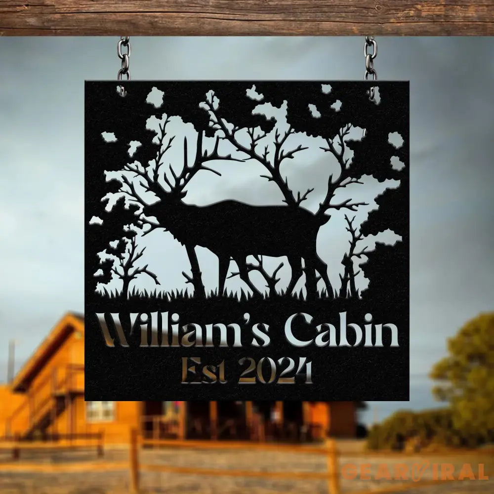 Custom Name Elk Cabin Sign Outdoor Metal Elk Sign with Mountain Hunting Gift Metal Nature Wall Art Mountains Trees