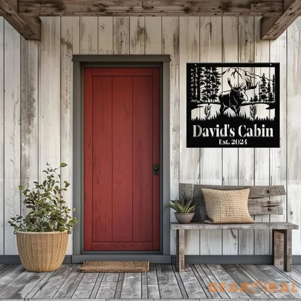 Custom Name Elk Cabin Sign Outdoor Metal Elk Sign with Mountain Hunting Gift Metal Nature Wall Art Mountains Trees