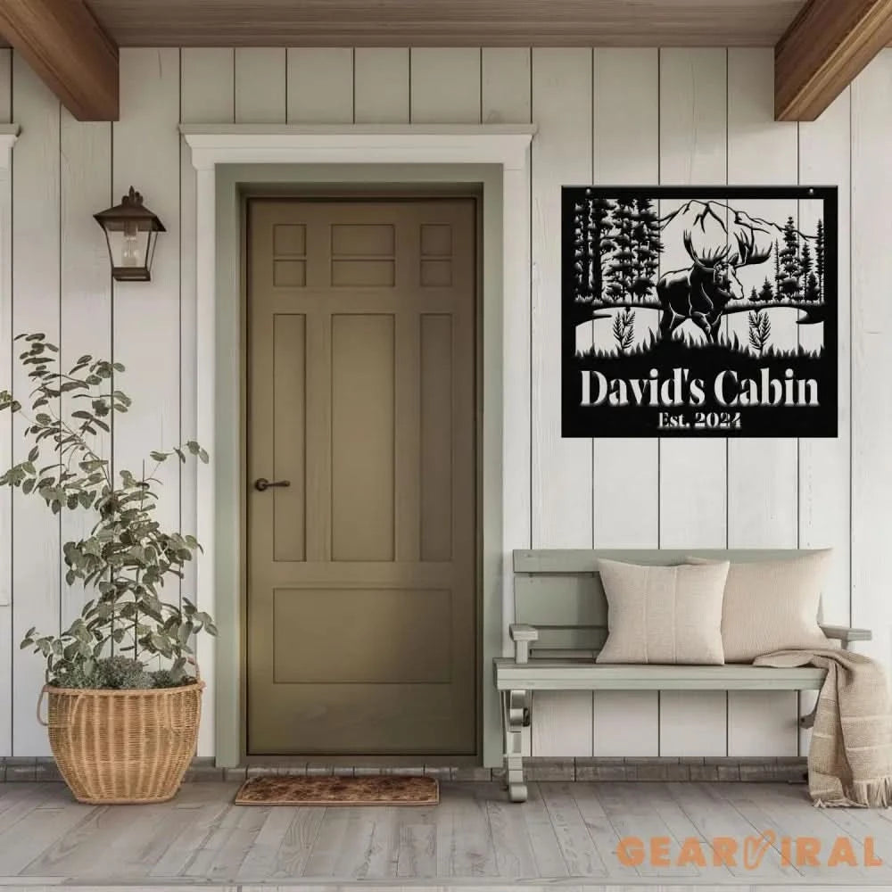 Custom Name Elk Cabin Sign Outdoor Metal Elk Sign with Mountain Hunting Gift Metal Nature Wall Art Mountains Trees