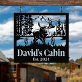 Custom Name Elk Cabin Sign Outdoor Metal Elk Sign with Mountain Hunting Gift Metal Nature Wall Art Mountains Trees