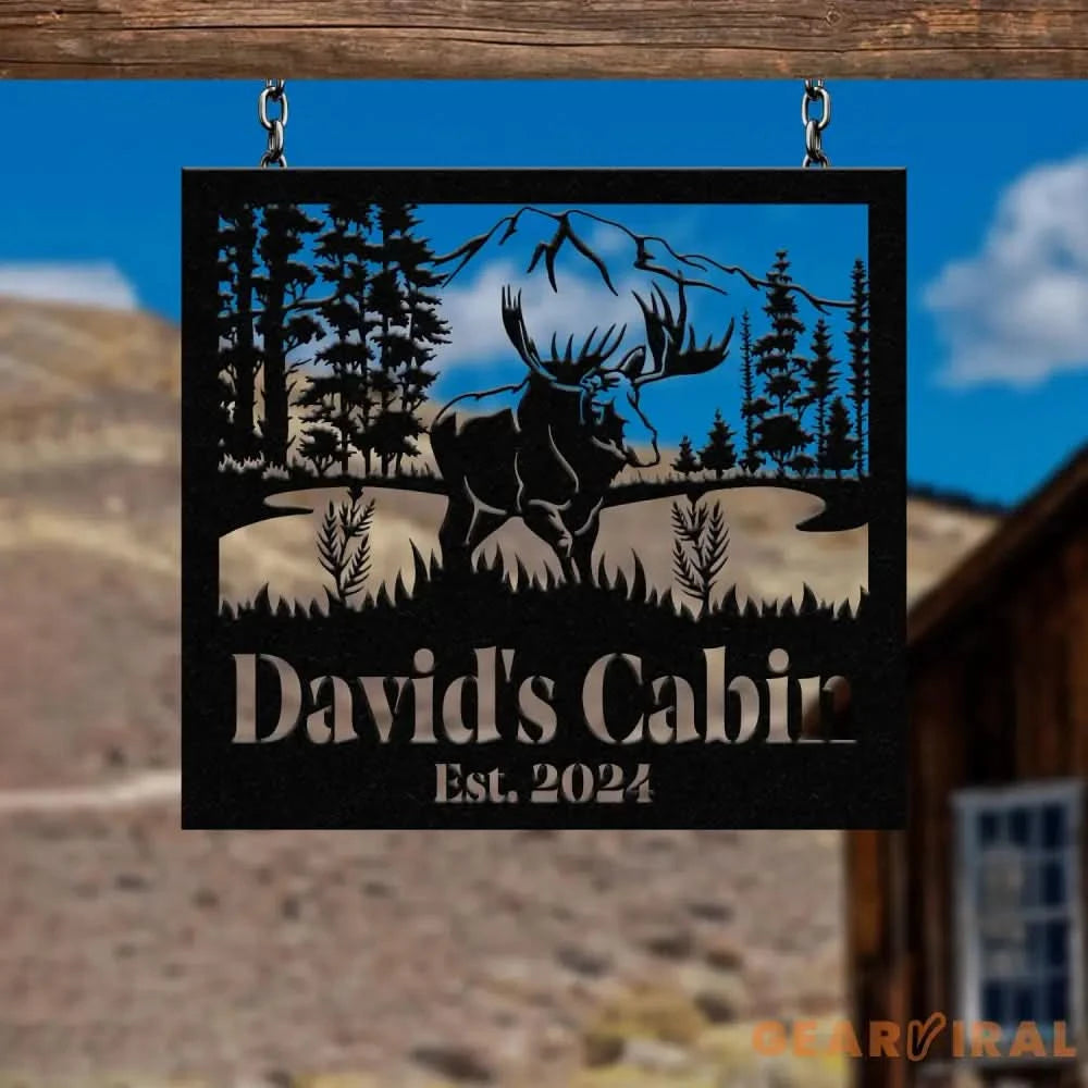 Custom Name Elk Cabin Sign Outdoor Metal Elk Sign with Mountain Hunting Gift Metal Nature Wall Art Mountains Trees