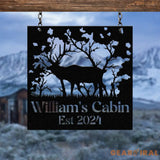 Custom Name Elk Cabin Sign Outdoor Metal Elk Sign with Mountain Hunting Gift Metal Nature Wall Art Mountains Trees
